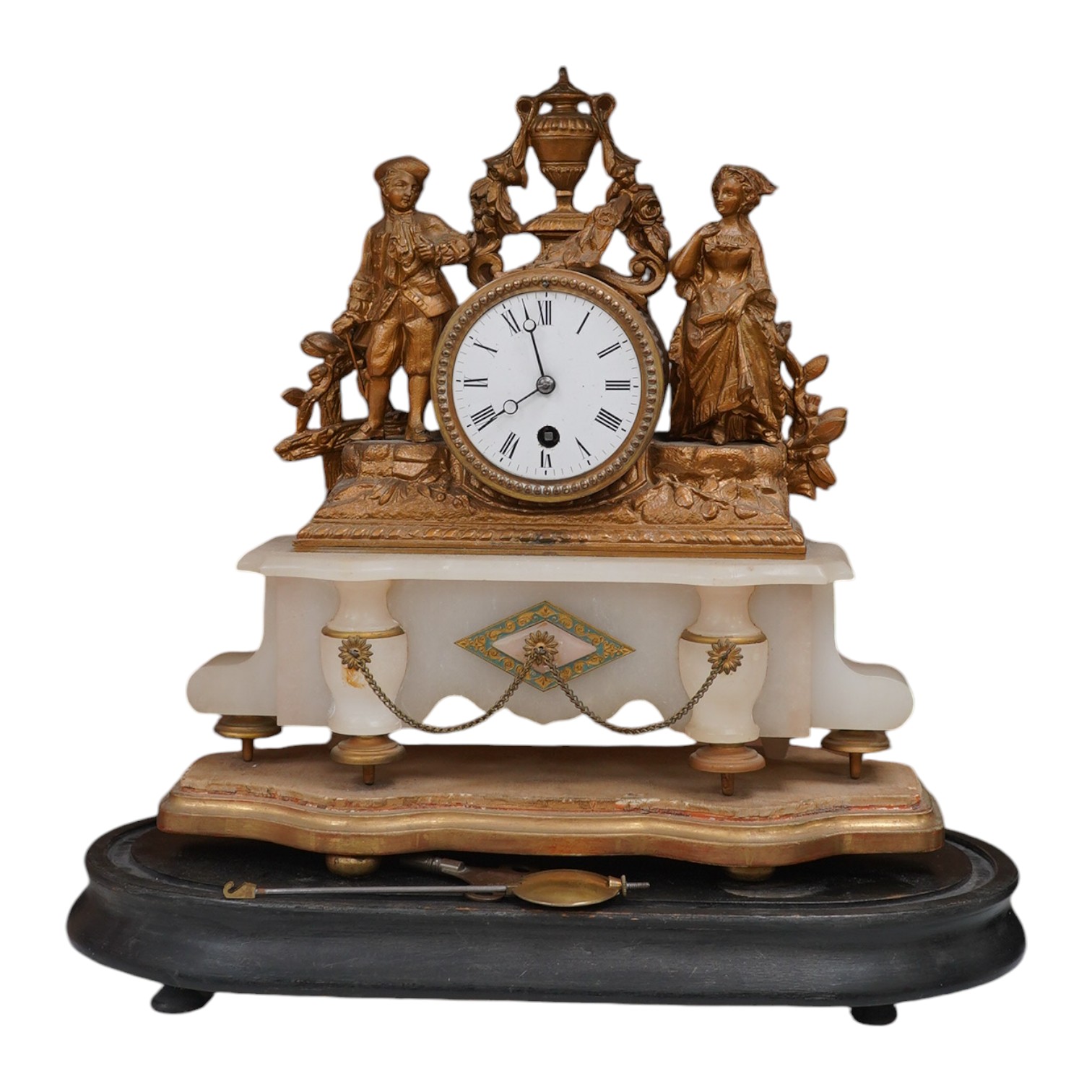 A late 19th century Louis XV style cast gilt spelter figural eight day mantel timepiece on stand, with pendulum and key, 37cm total height. Condition - fair to good, not tested